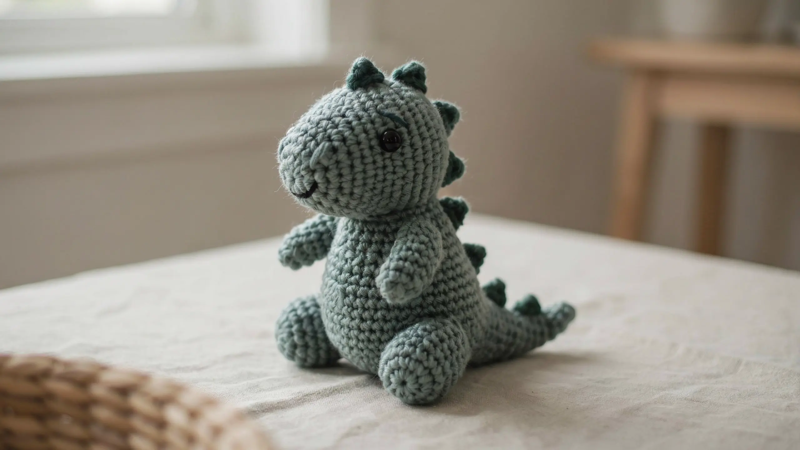 Crochet dinosaur with small arms and back spines centered
