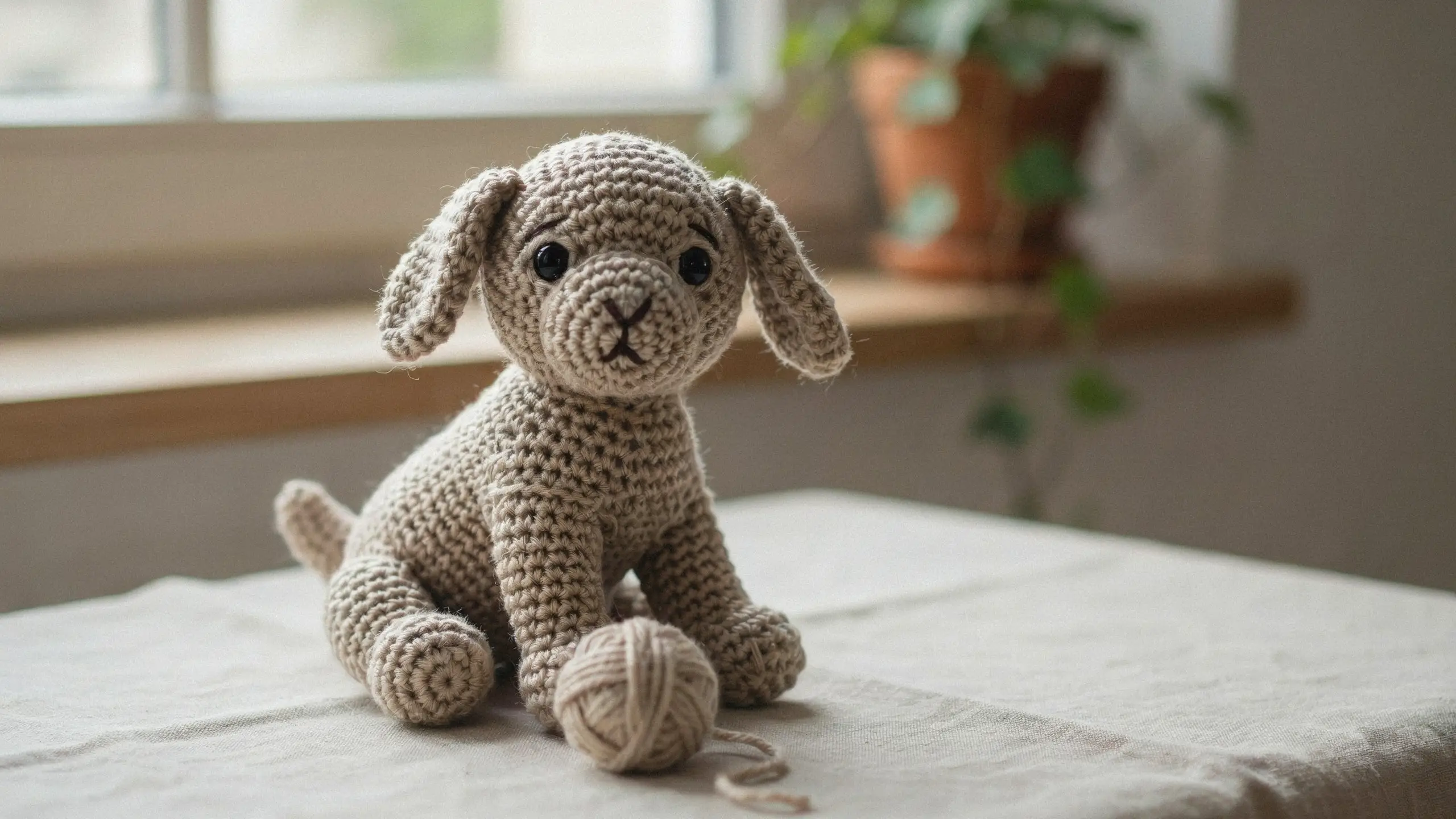 Crochet dog with floppy ears and round snout centered