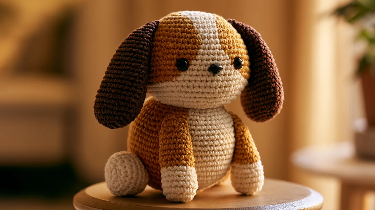 Brown and cream crocheted dog with floppy ears, soft cuddly stuffed toy.