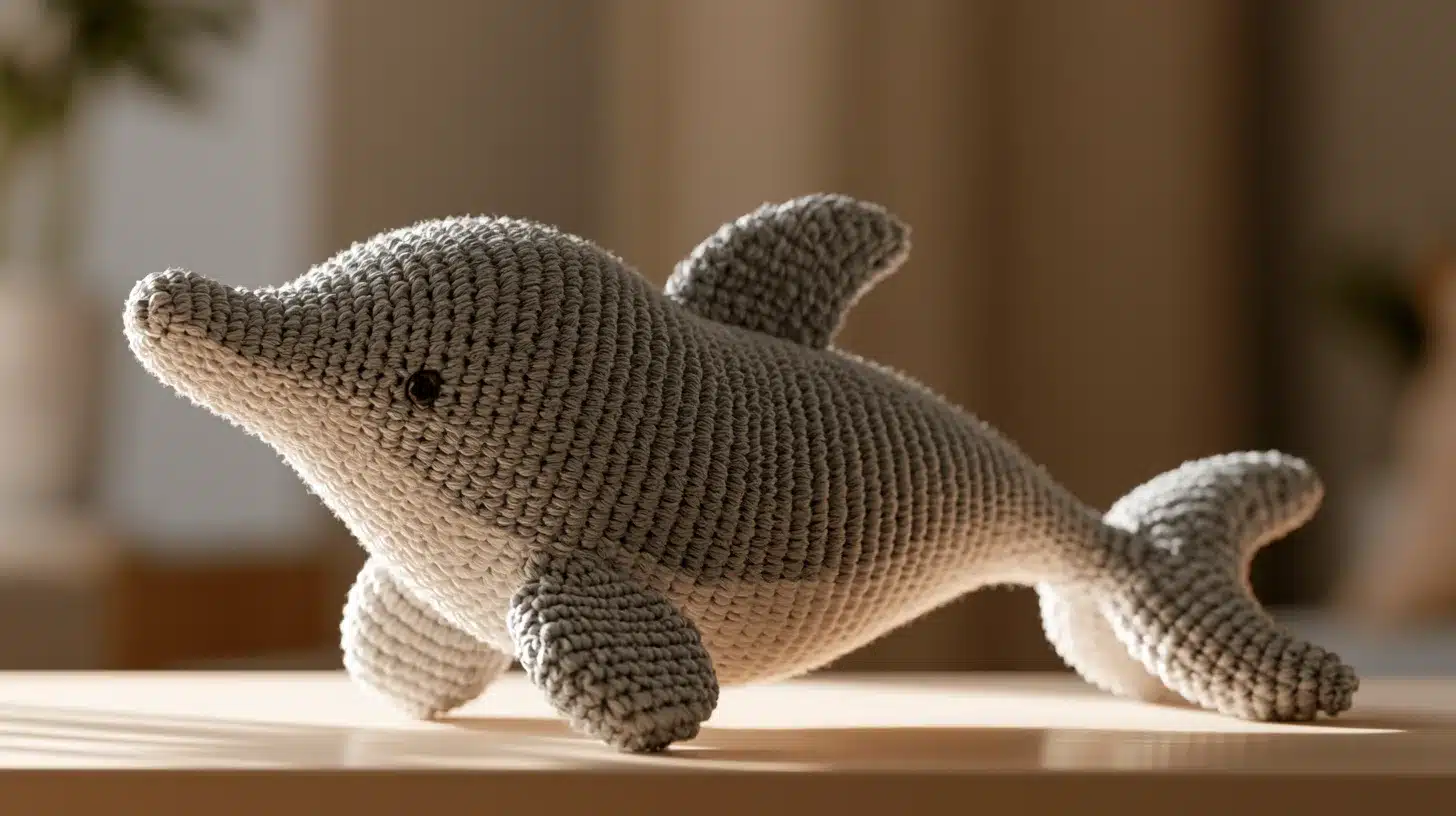 Crocheted dolphin plush in gray and white yarn, sitting on a table with soft lighting.