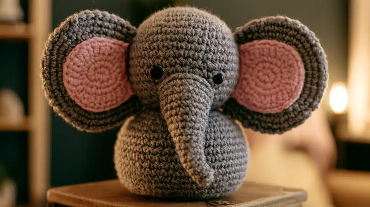 Grey crocheted elephant with large ears and trunk, soft stuffed plush.