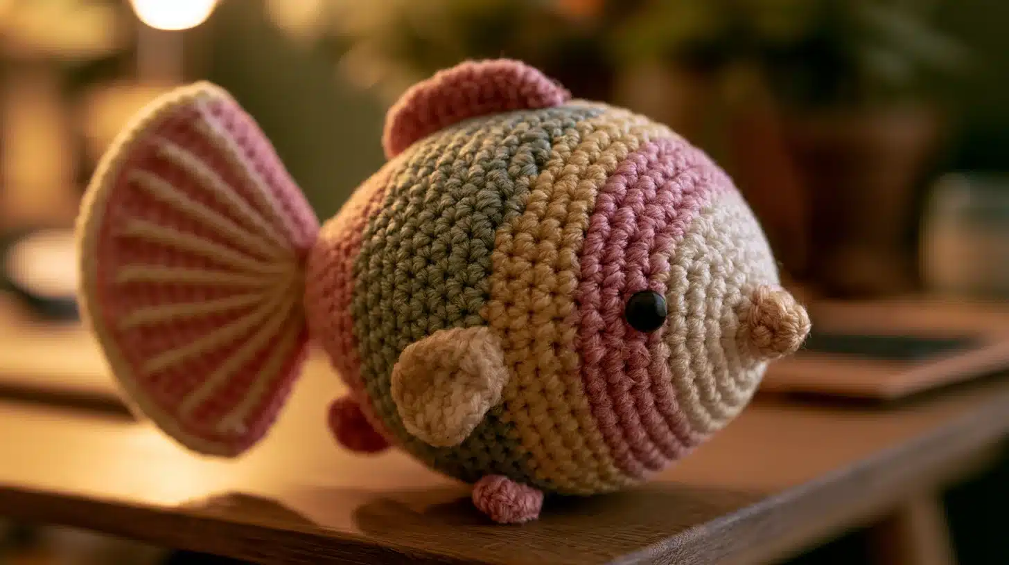 Multicolored crocheted fish with fins and round body, soft decorative toy.