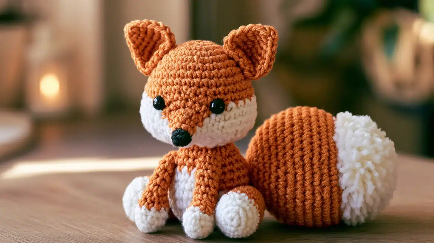 Orange and white crocheted fox with bushy tail, sitting on a wooden table indoors.