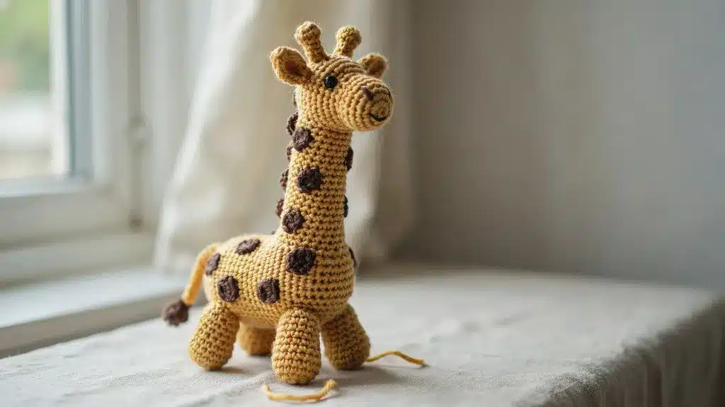 Crochet giraffe with long neck and spotted pattern centered