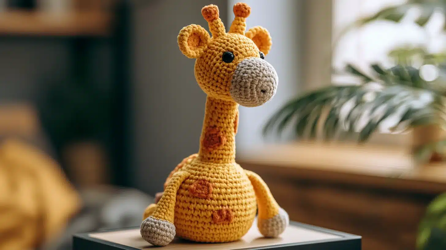 Tall crocheted giraffe with long neck and patterned spots, soft toy design.