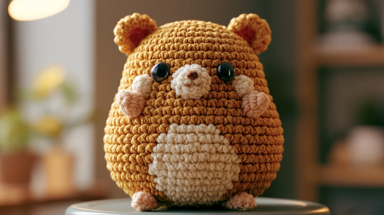 Round crocheted hamster with tiny ears and black eyes, plush stuffed toy.