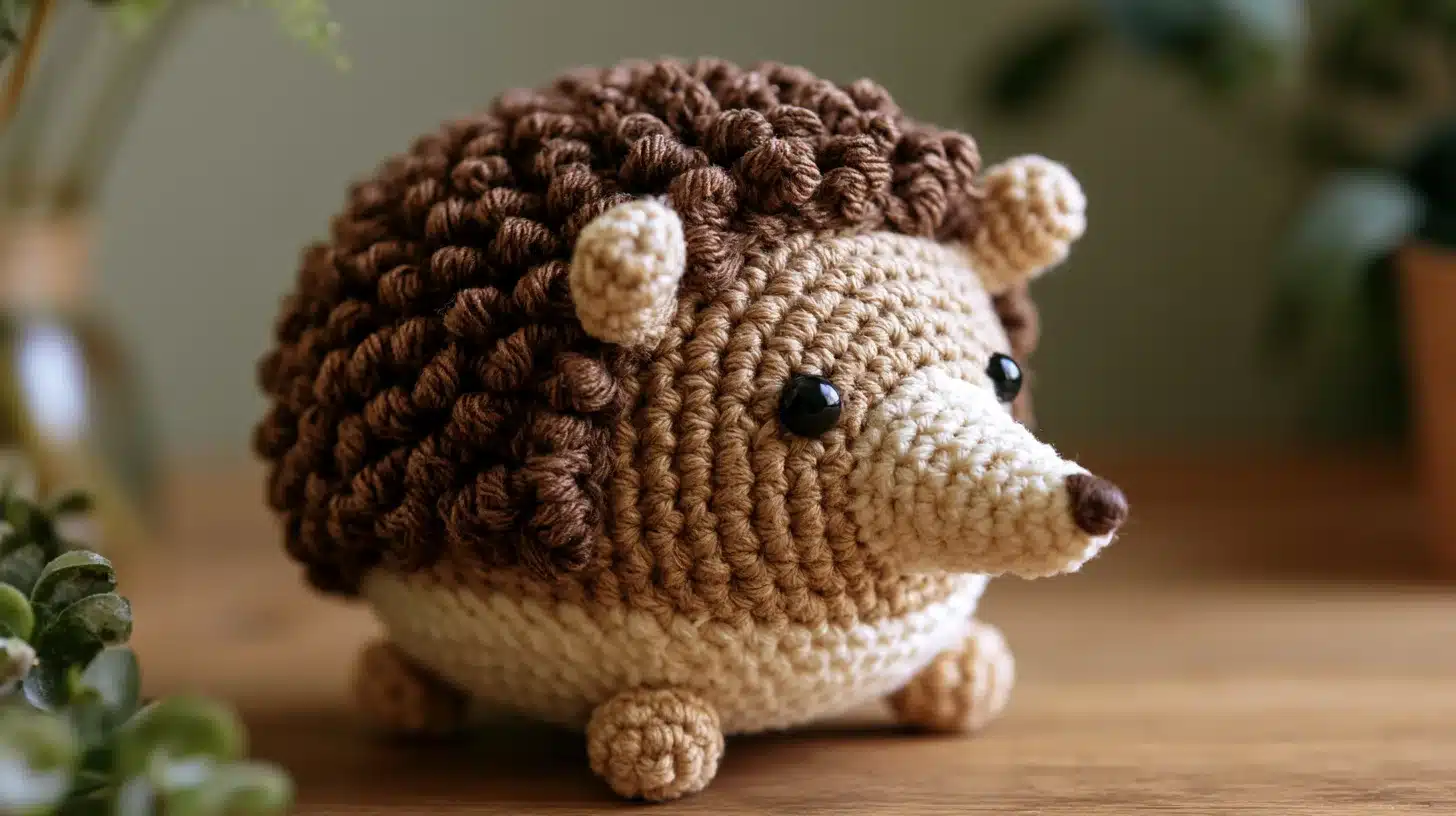 Handmade crochet hedgehog with brown spikes and beige body, placed on a wooden surface.