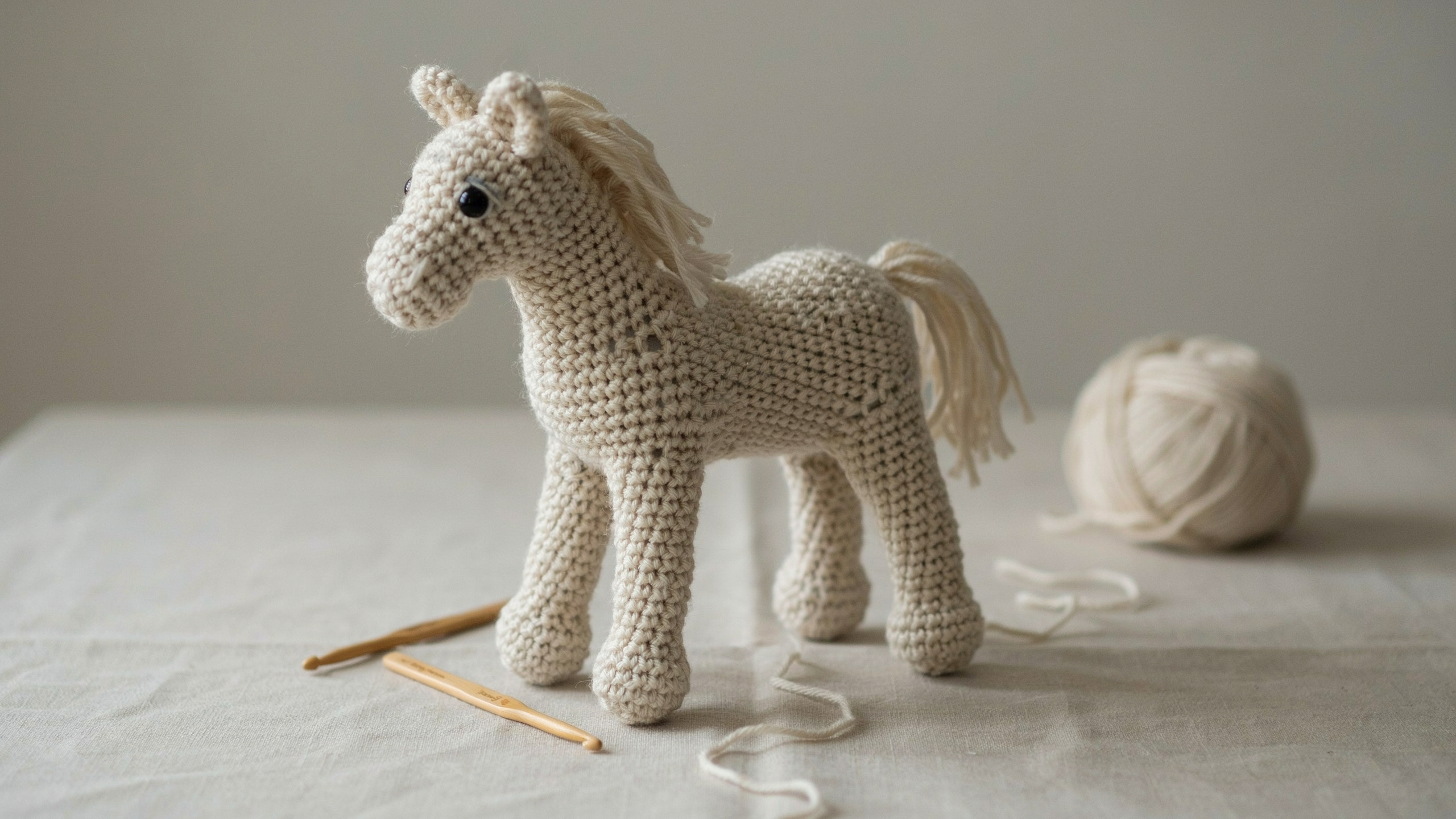 Crochet horse with slim body and yarn mane centered