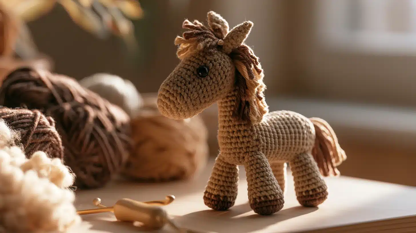 Crochet horse toy with tan yarn, mane, and tail, standing on a table surrounded by wool.