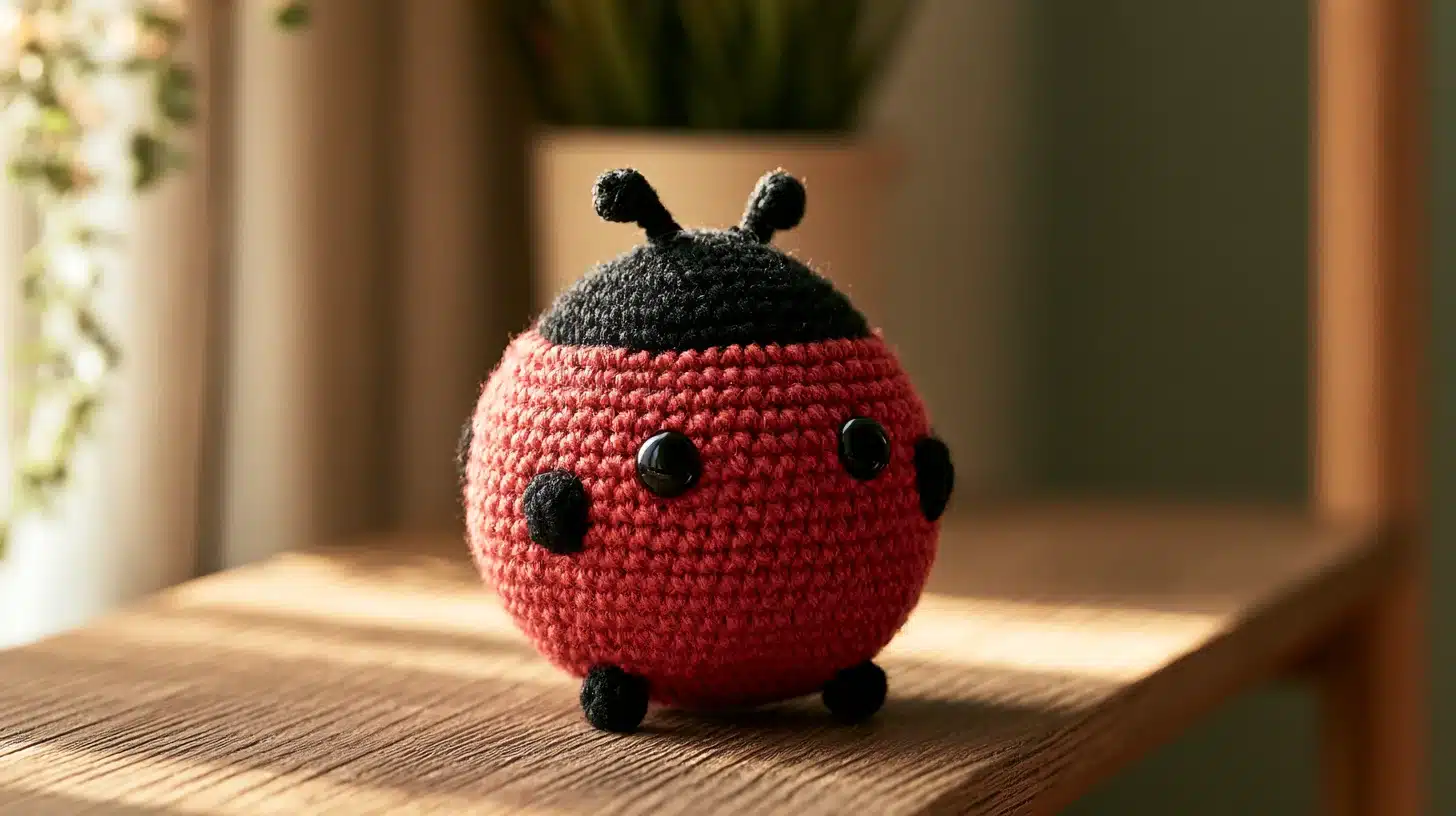 Red crocheted ladybug with black spots, round body and tiny legs, whimsical toy.