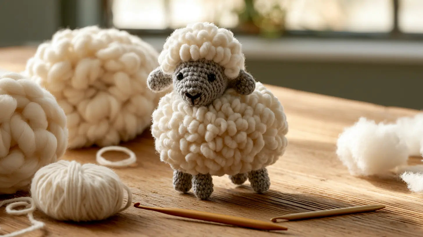 White crochet lamb with gray face and legs, surrounded by yarn and pom-poms.