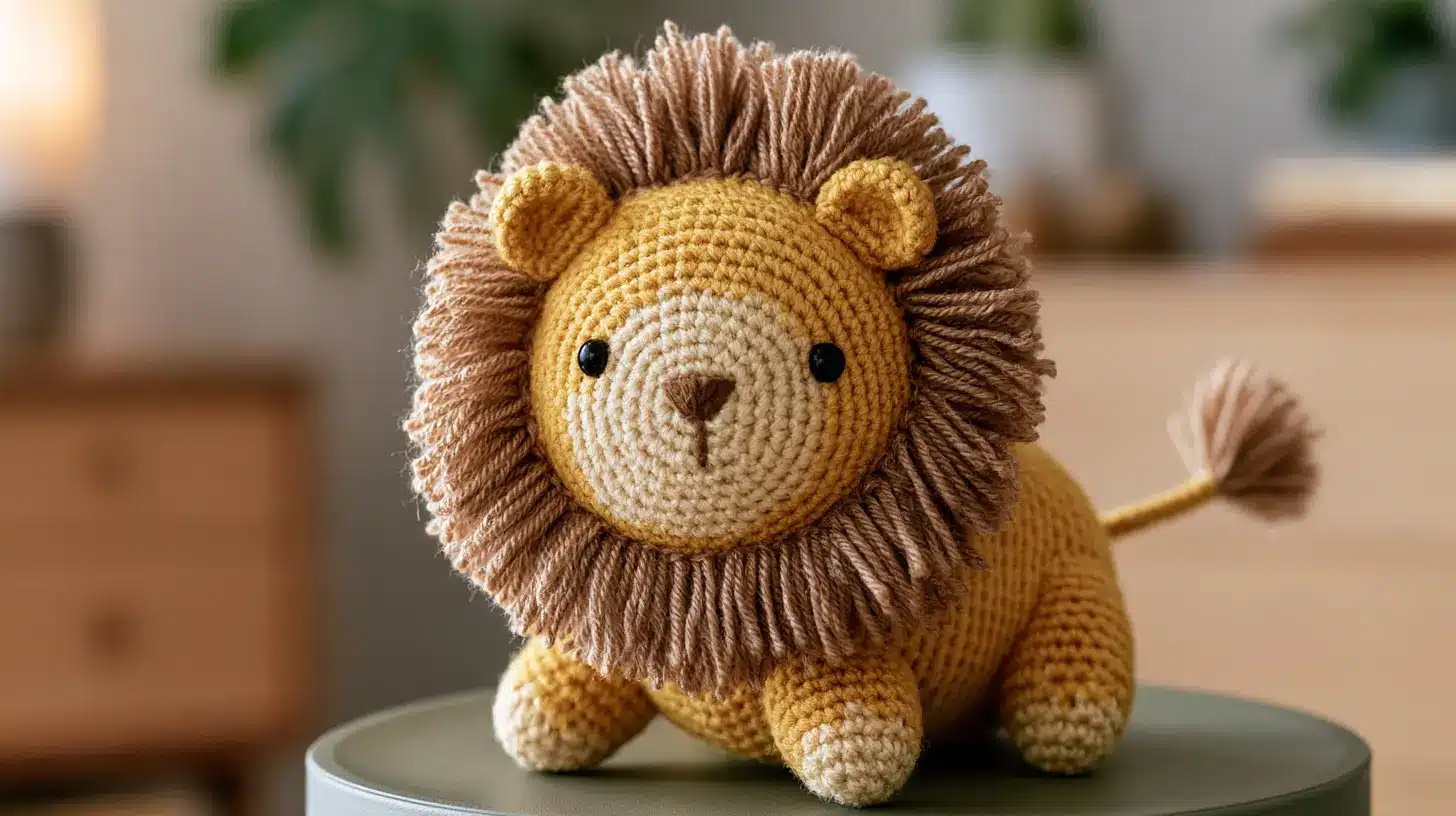 Yellow crocheted lion with fluffy mane, round face and soft body, playful design.