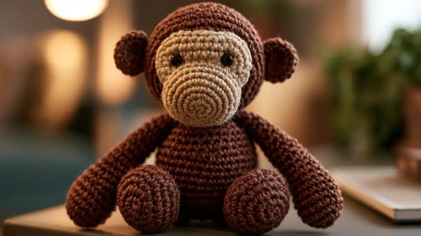 Brown crocheted monkey with limbs and round face, handcrafted plush toy.