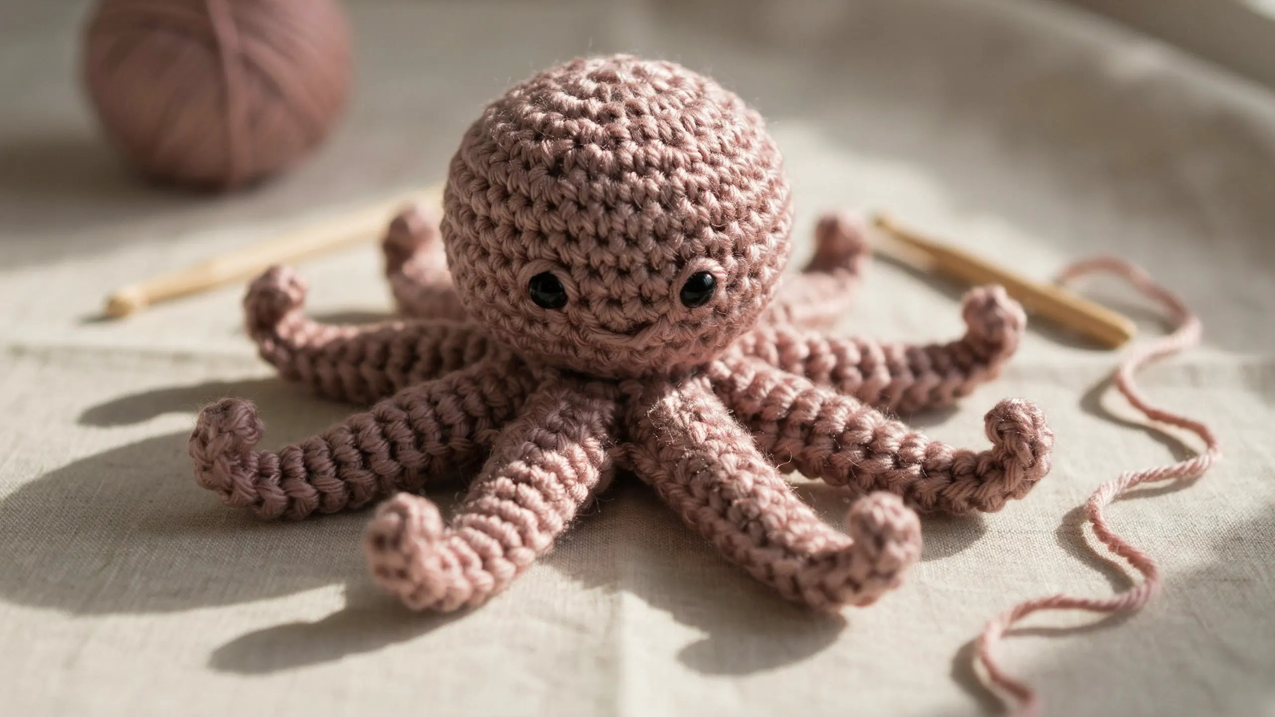 Crochet octopus with curled tentacles hanging below centered
