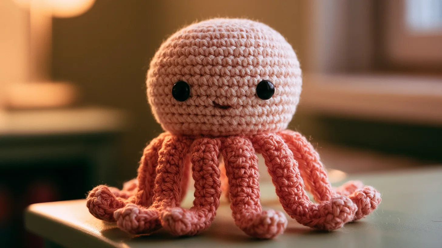 Pink crocheted octopus with eight textured tentacles, plush and round toy.