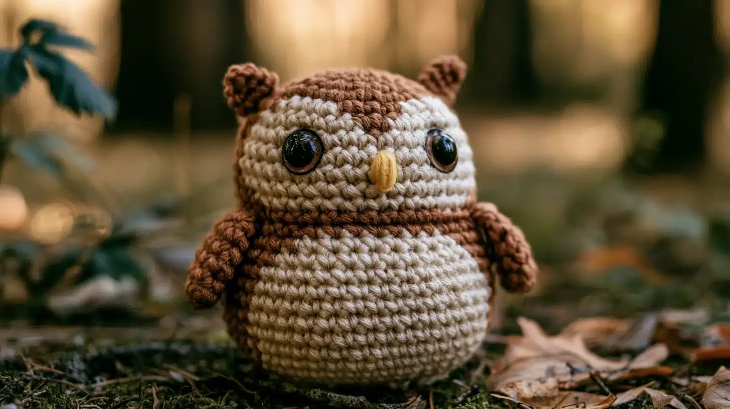 Round crochet owl with brown wings and yellow beak, perched on a forest floor.