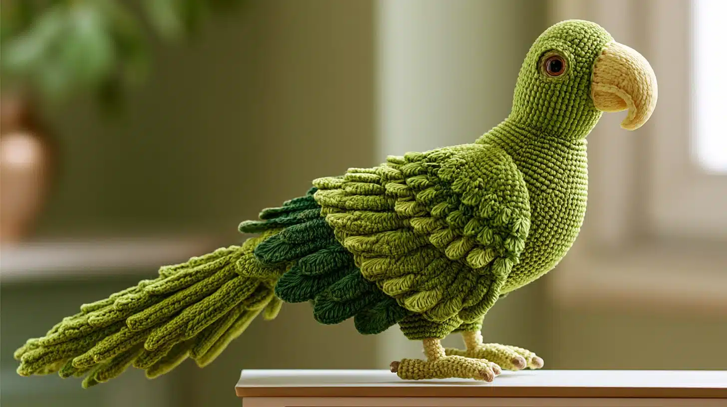 Green crocheted parrot with detailed wings and beak, lifelike plush design.