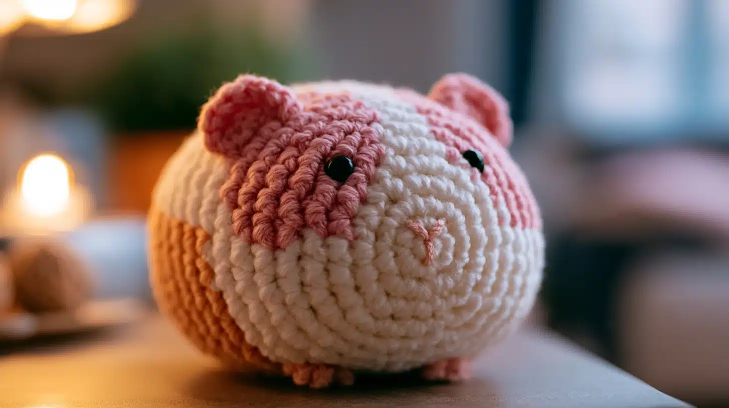 Pink crocheted pig with round body and snout, cuddly handmade plush.