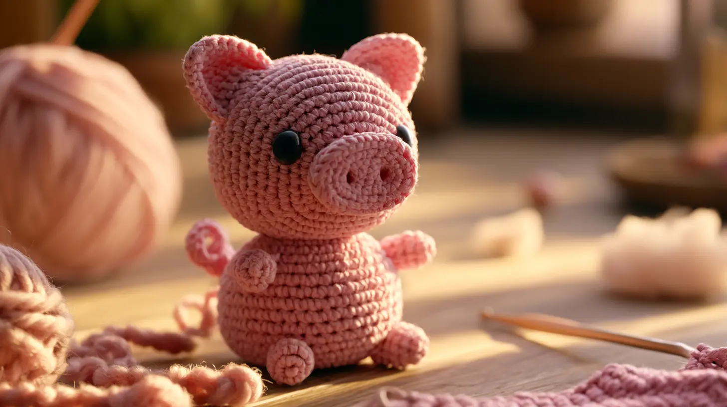Small pink crochet piglet with curly tail, seated on a tabletop with yarn around.