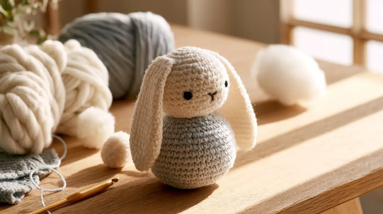 Crochet bunny with long ears and gray-white body, sitting on a table with wool