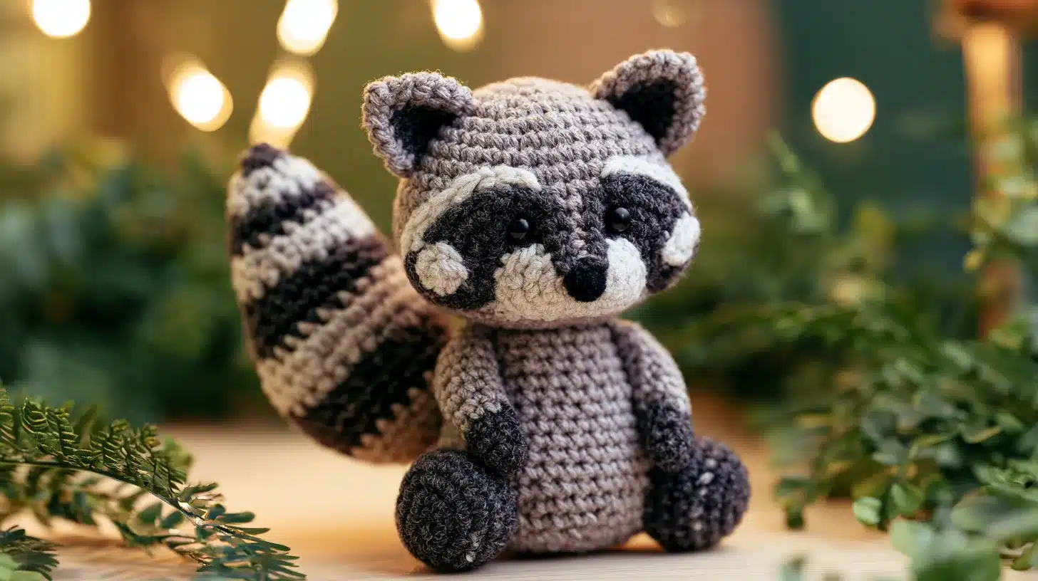 Crochet raccoon with gray body, black markings, and striped tail, surrounded by greenery.