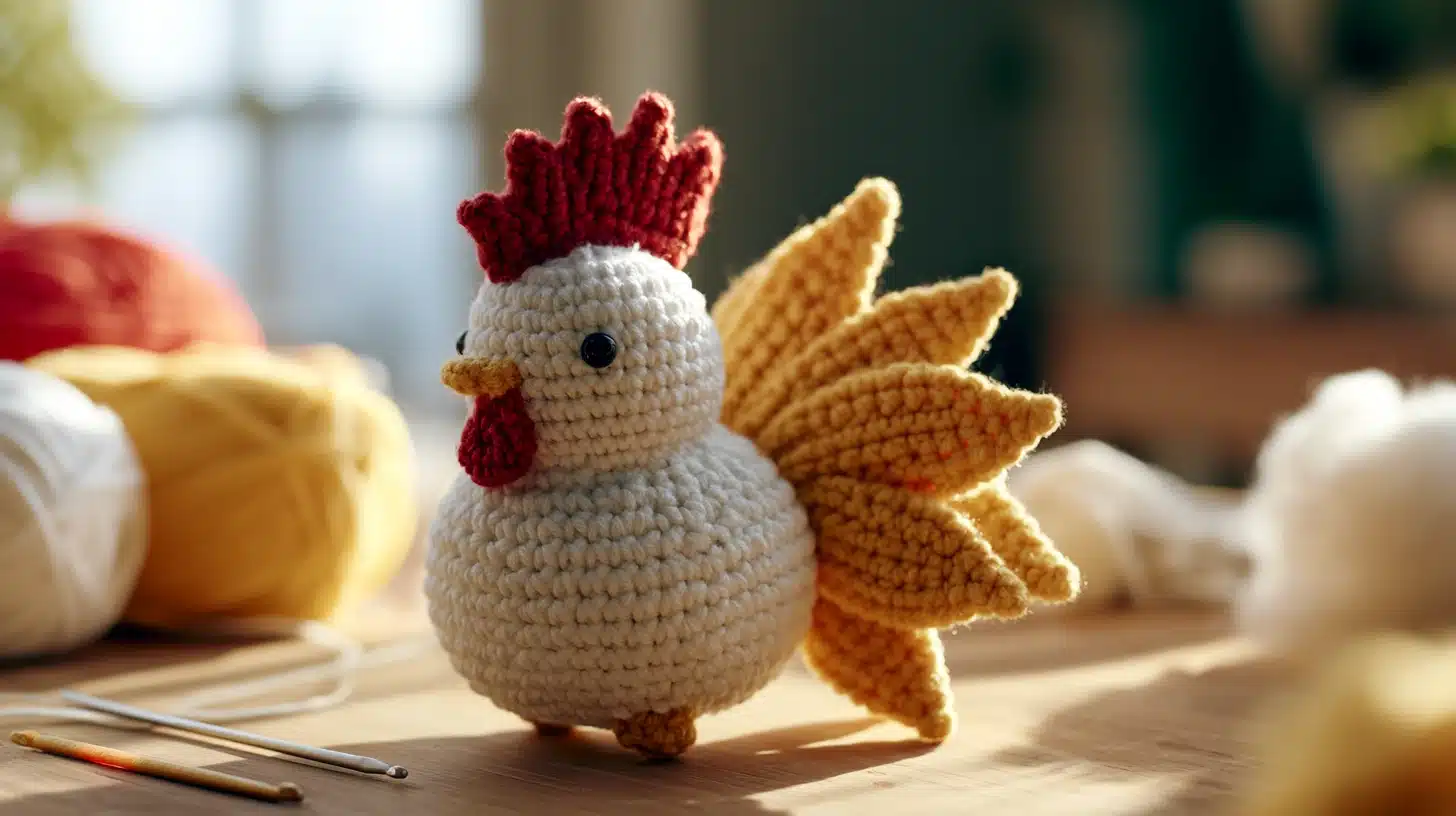Handmade crochet rooster in white, yellow, and red yarn, standing on a table with hooks.