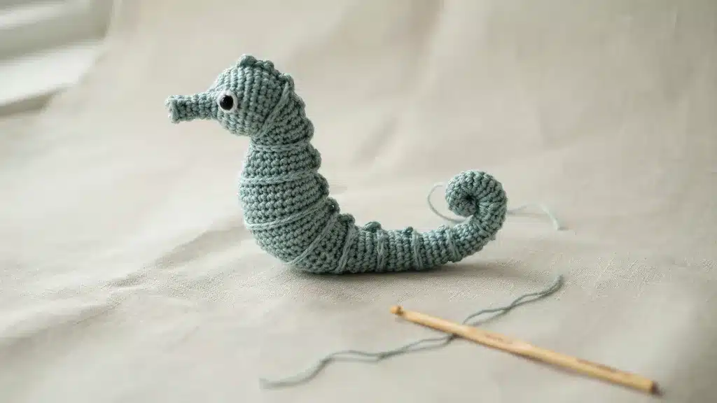 Crochet seahorse with curved body and pointed snout centered