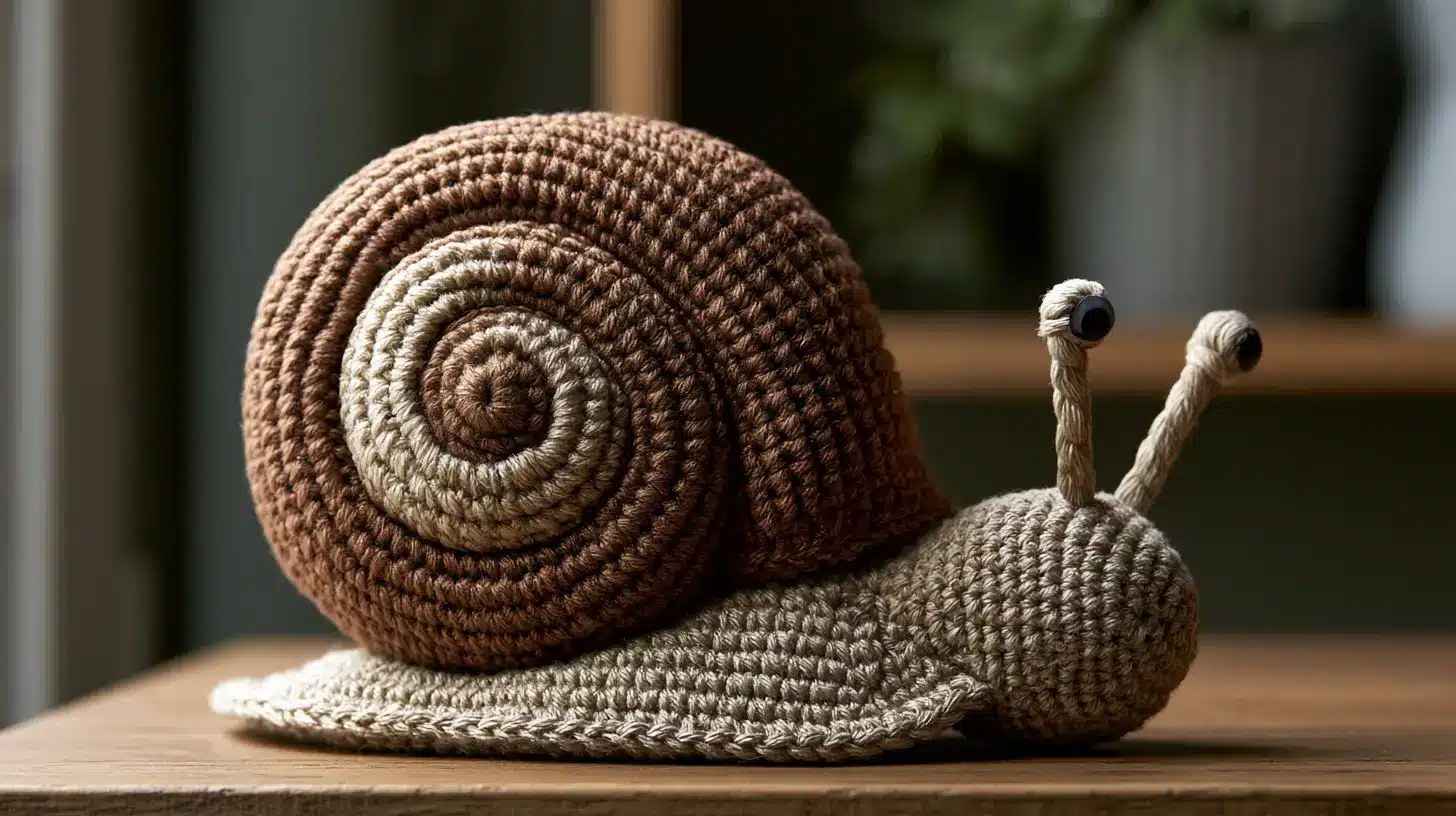 Brown crocheted snail with spiral shell and cute antennae, handcrafted textured details.