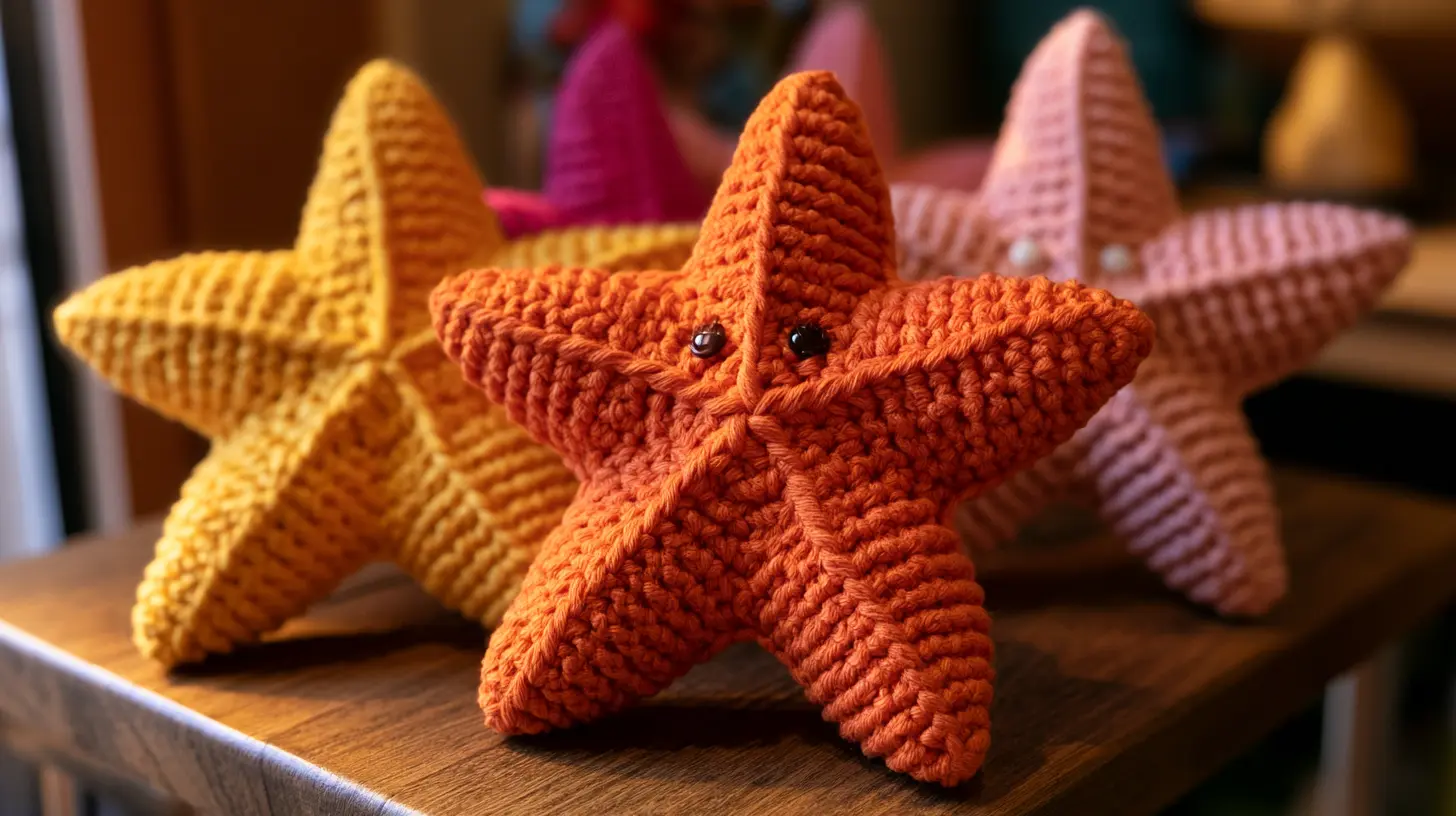 Orange crocheted starfish with textured arms, playful sea-themed plush.