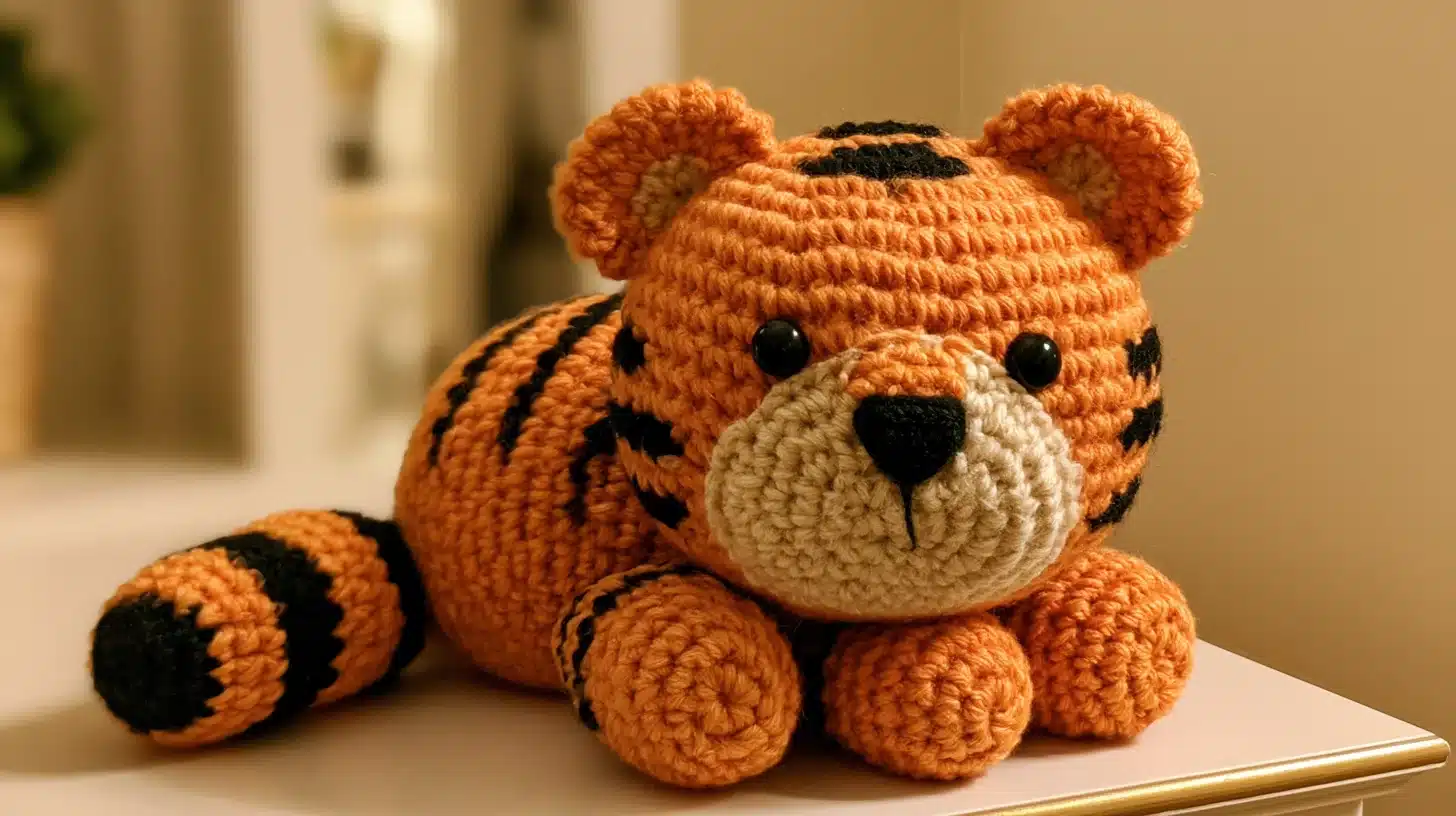 Orange crocheted tiger with black stripes, round paws, and soft stuffed body.
