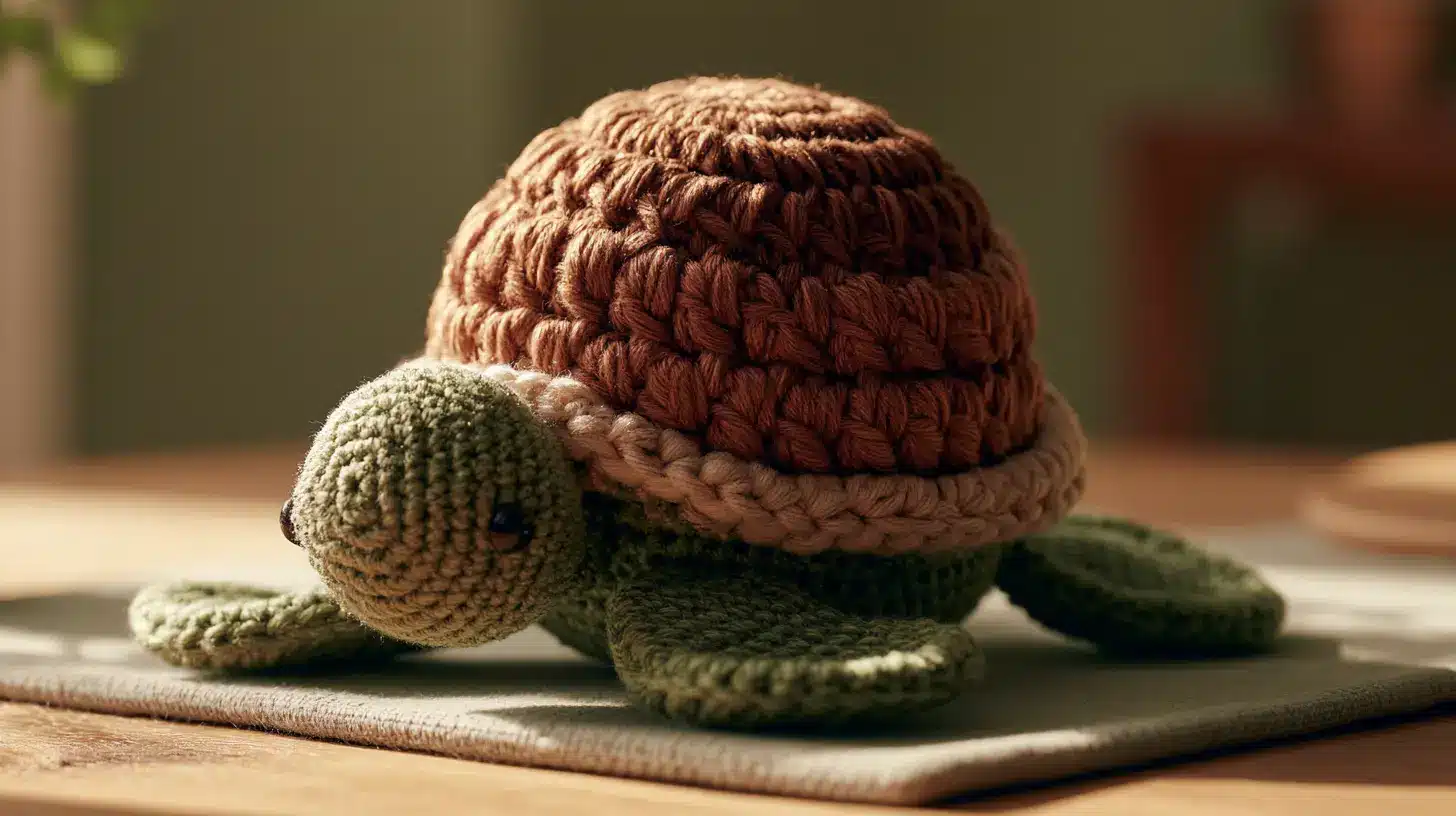 Handmade crochet turtle with green limbs and brown shell, resting on a small mat indoors.