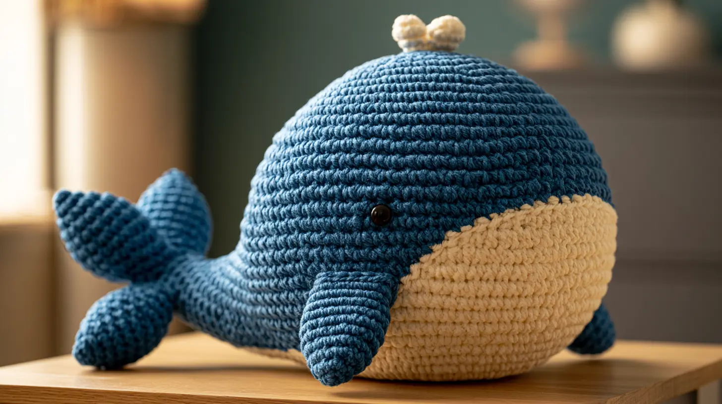Blue crocheted whale with cream belly and small fins, soft stuffed ocean toy.