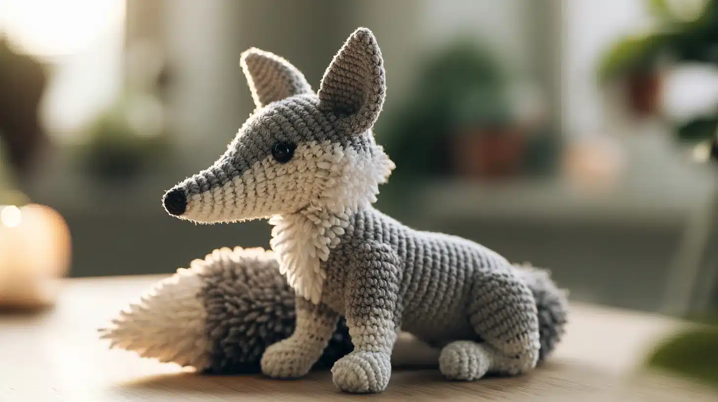 Gray and white crocheted wolf toy, detailed snout and tail, posed on a wooden surface.