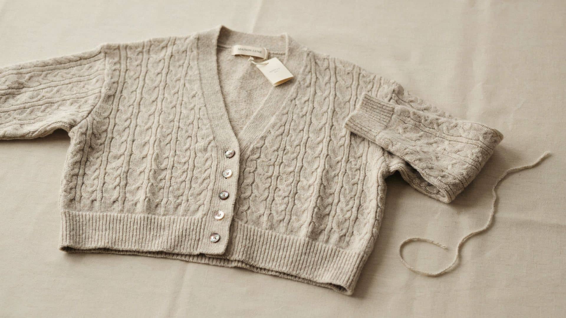 A cropped cardigan in a soft cream tone, featuring a fitted silhouette, ribbed trim, and a button-front design that hits just above the waist, styled over a high-waisted midi skirt.