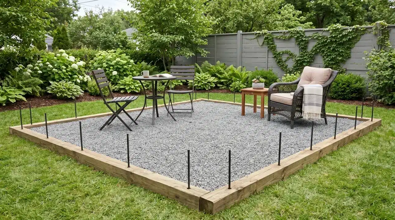 Rectangular crushed gravel patio with pressure-treated timber border and rebar stakes along two visible sides with furniture