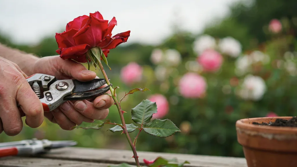 Gardener cutting red rose stem at angle with pruning shears showing clean cut and detailed garden background clearly visible.