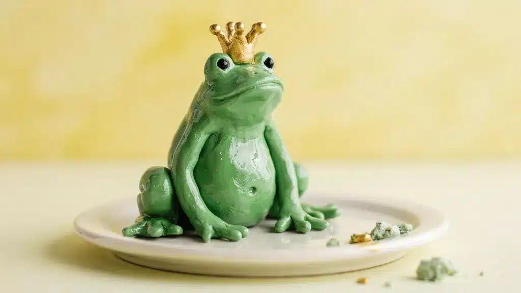 Green clay frog with golden crown on white plate, soft yellow background, vibrant handmade craft with realistic texture lighting.