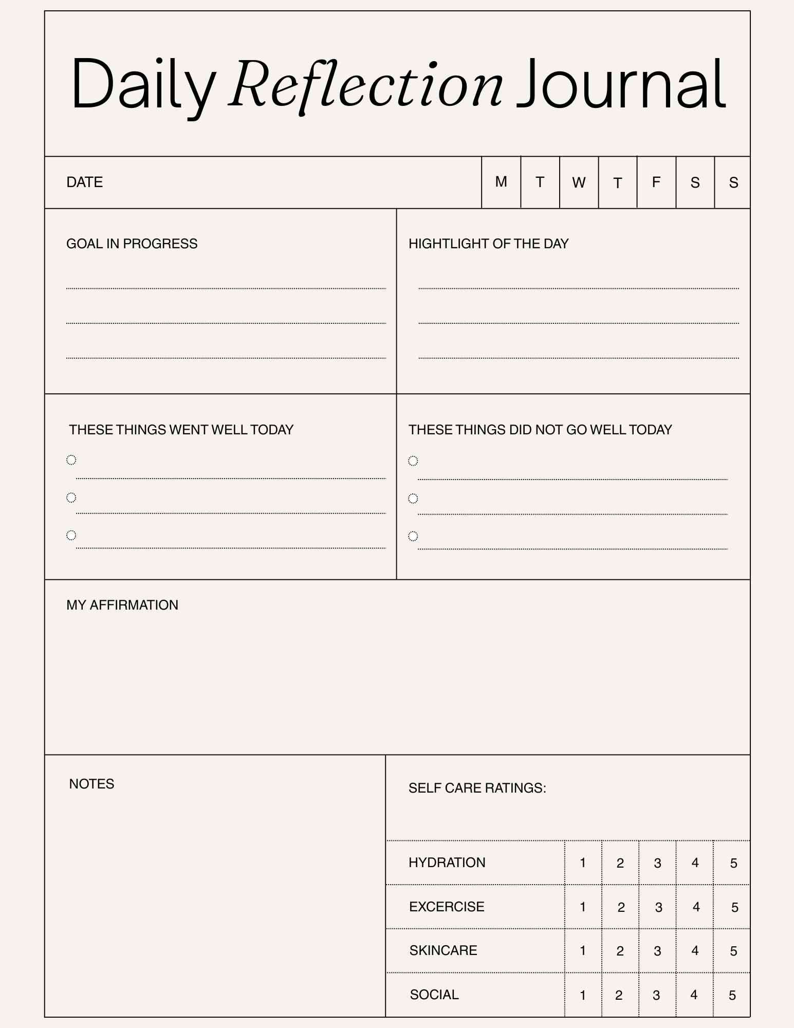 Daily reflection journal with sections for goals, highlights, self-care ratings, and notes