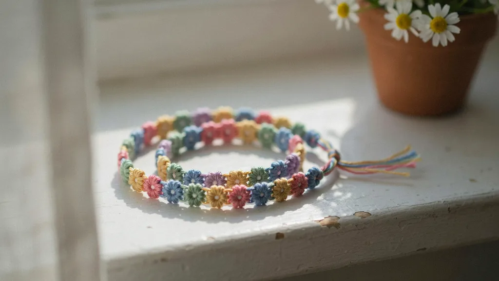 Pastel daisy chain friendship bracelets displayed on a sunlit windowsill beside flowers.