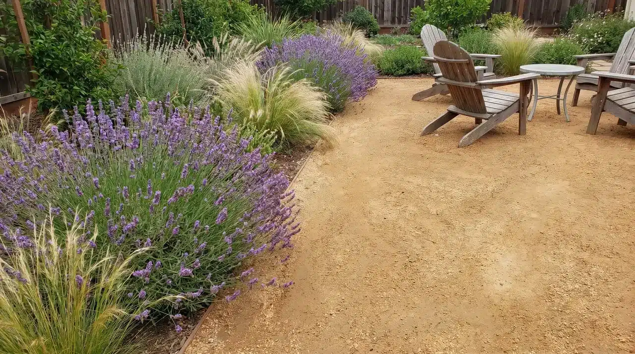 Compacted decomposed granite patio with a lavender and ornamental grass border along one edge