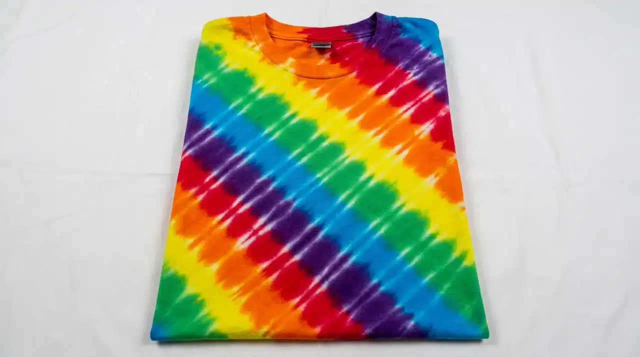 Folded tie dye shirt featuring bold diagonal rainbow stripes across the fabric