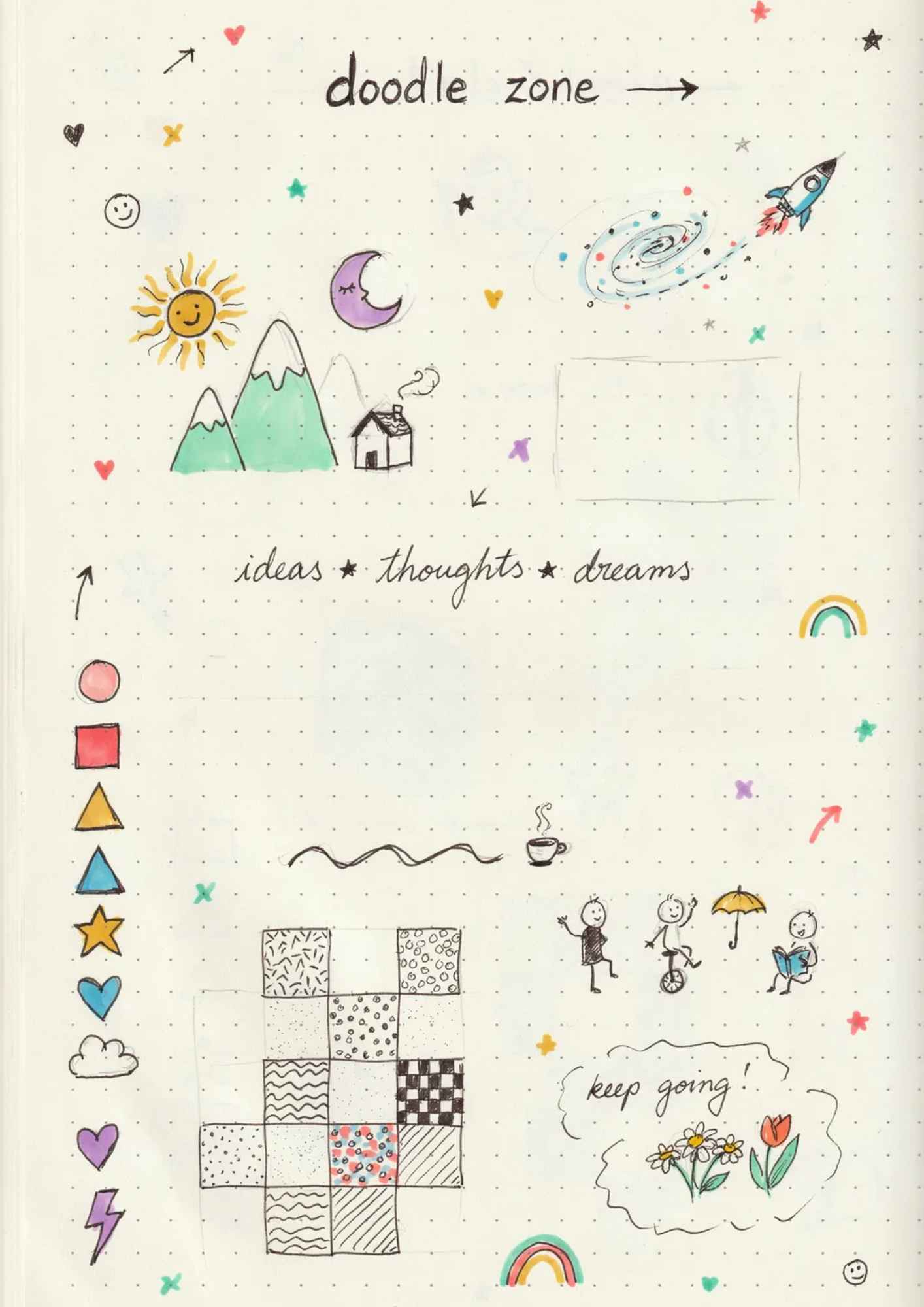 colorful doodle page bullet journal layout with random sketches shapes patterns little characters and inspirational elements like rainbow flowers and keep going text
