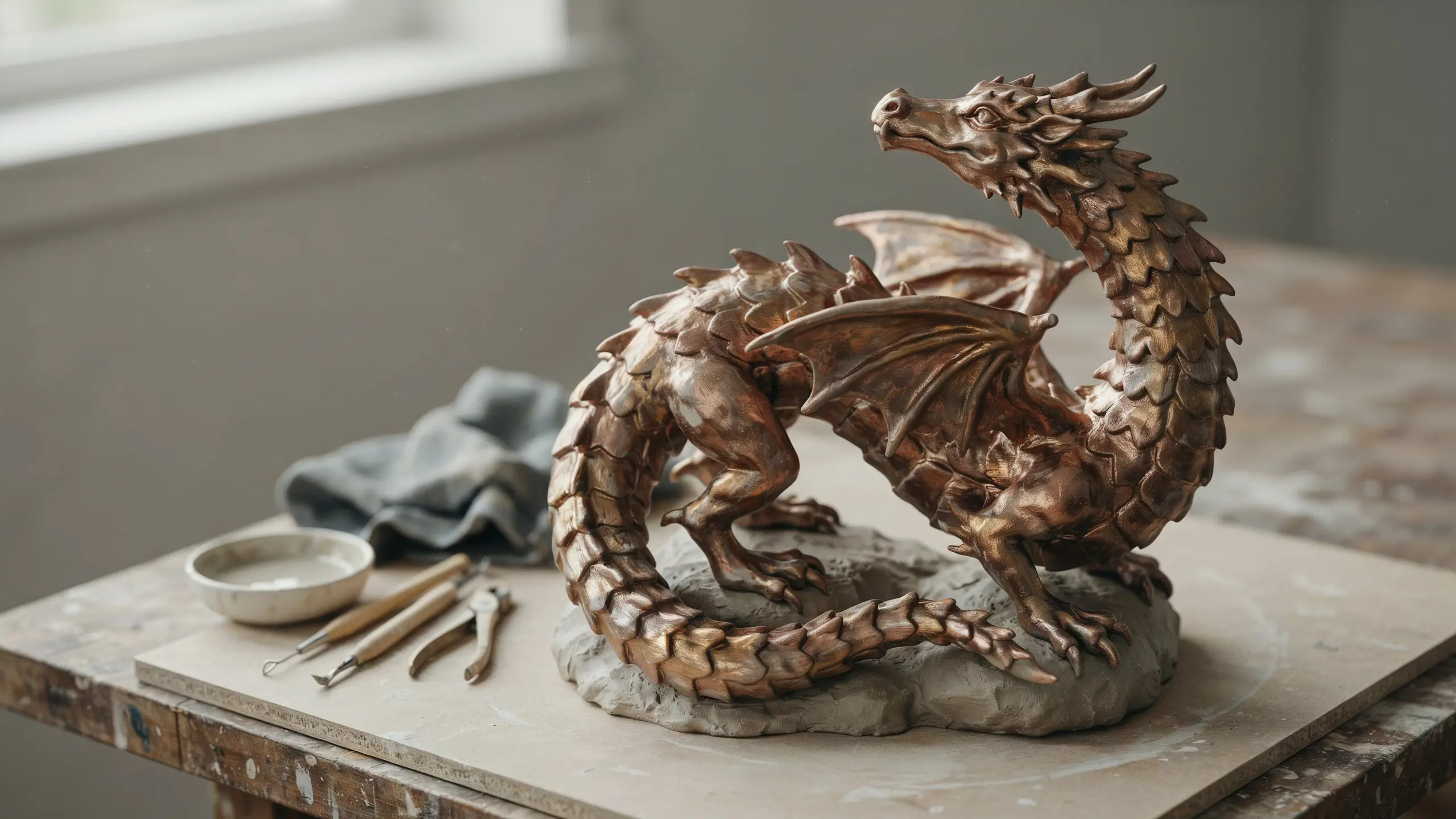 Detailed handmade clay dragon sculpture with textured scales and metallic painted finish on studio table.