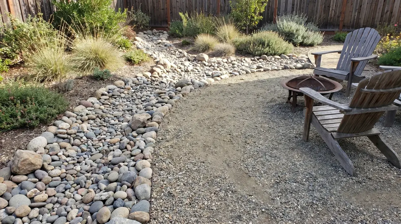 Curved dry creek bed with large stones transitioning into a finer gravel patio surface
