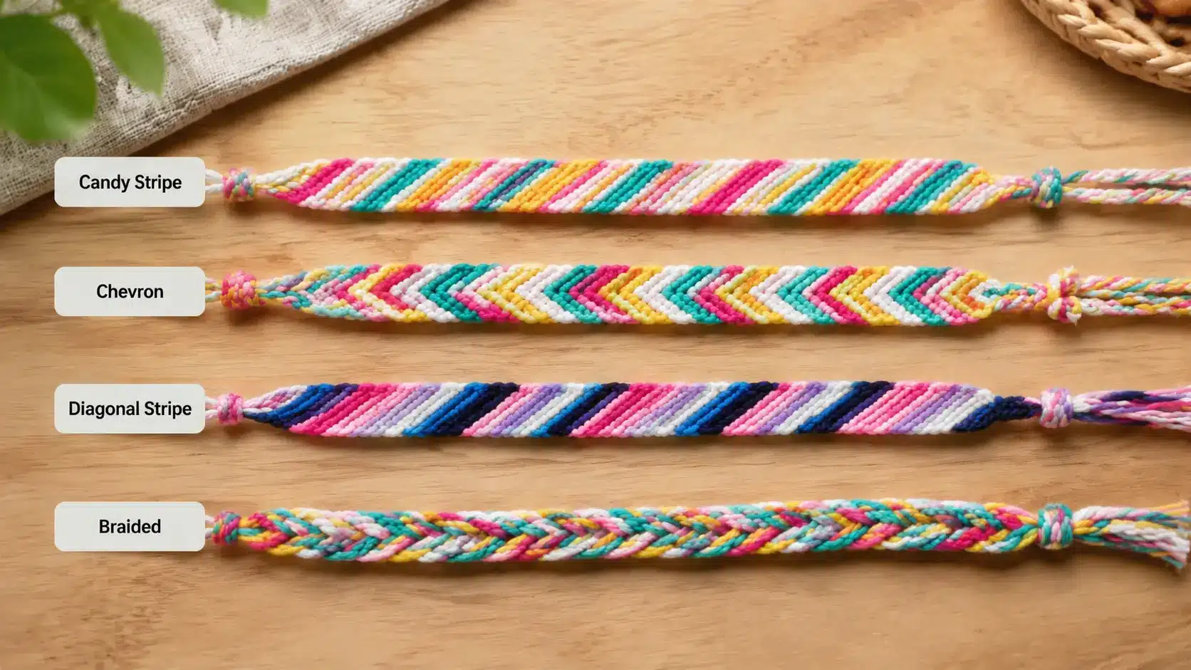 Four colorful friendship bracelets on wood, labeled Candy Stripe, Chevron, Diagonal Stripe, and Braided.