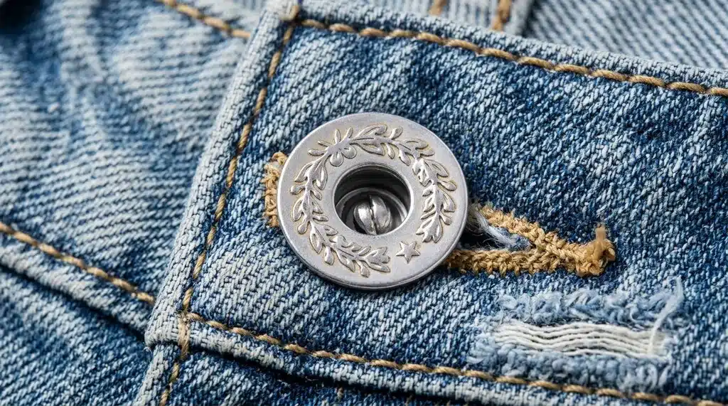 A metallic jean tack button with an engraved laurel wreath pattern attached to light blue denim fabric.