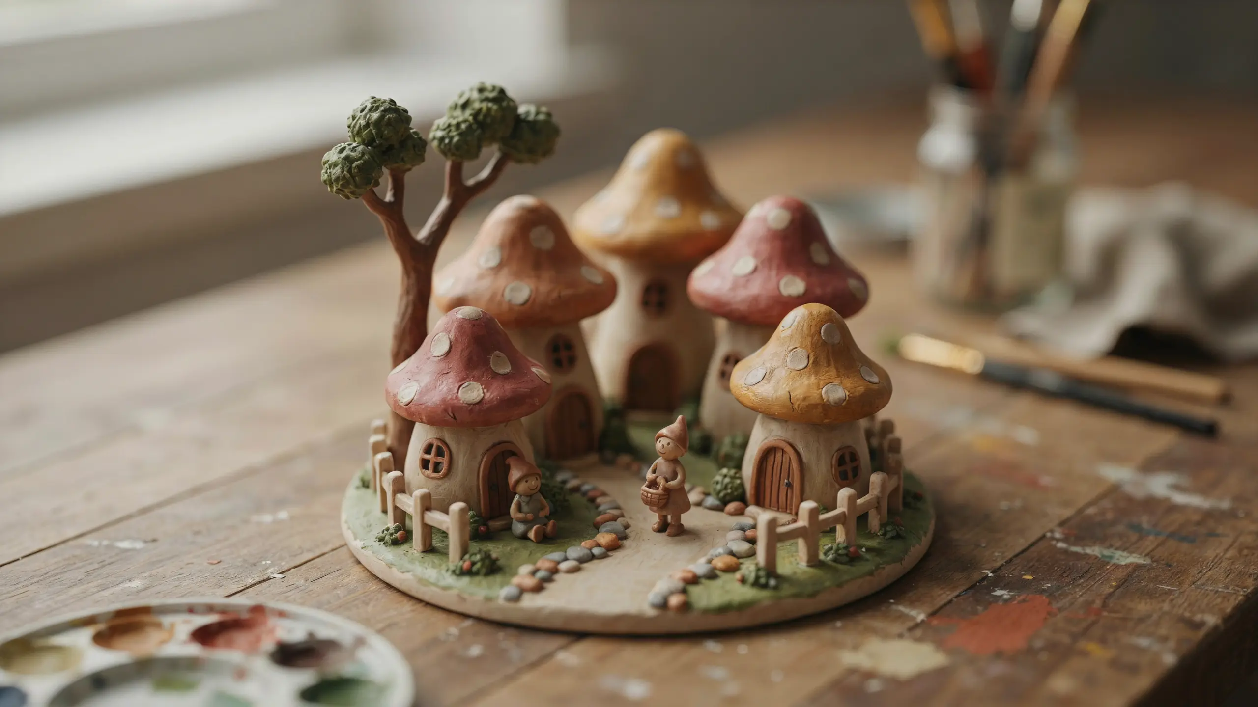 Mini clay mushroom village with tiny houses, trees, and paths arranged on a handcrafted base.