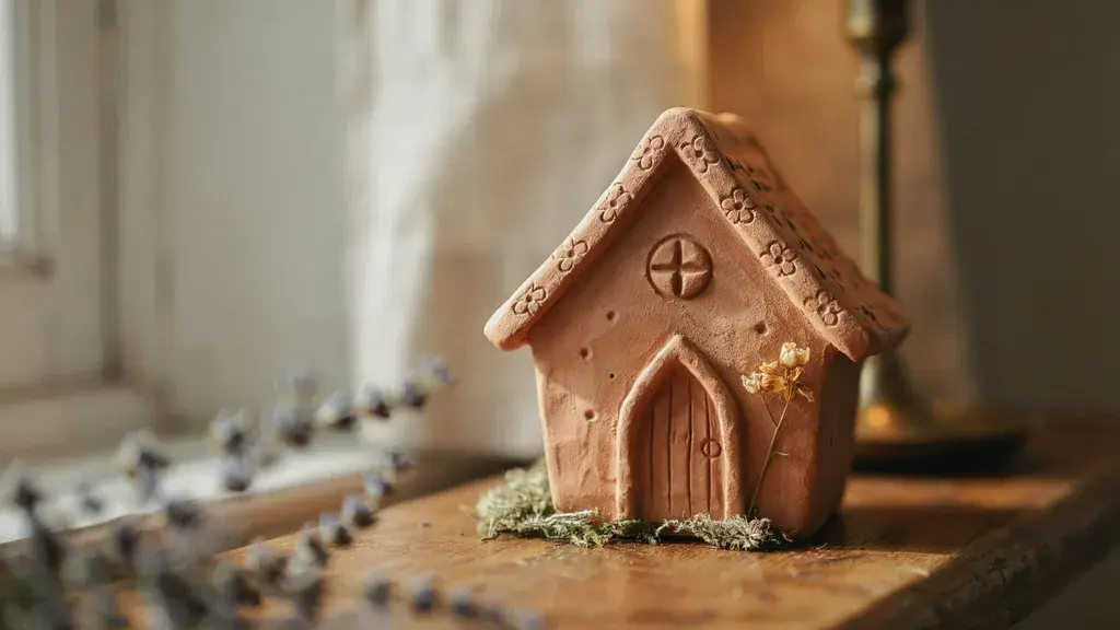 Handmade clay fairy house with carved door, windows, and mossy details in warm lighting.