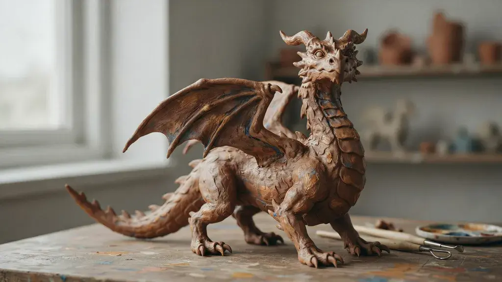 Handmade clay dragon sculpture with detailed scales and wings on a wooden studio table in soft natural light.