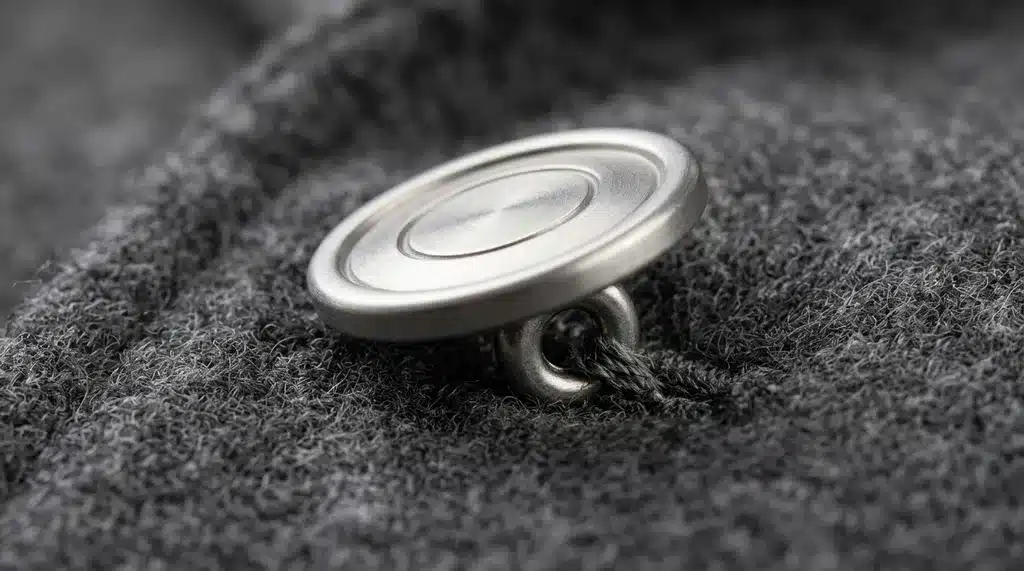 A metallic shank button with concentric circles sewn onto textured grey wool fabric